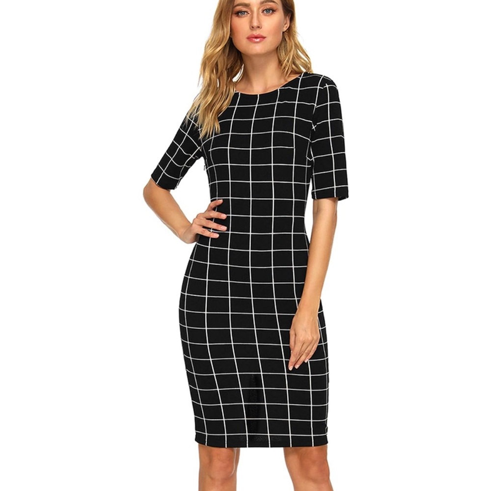 Short Sleeve Plaid Sheath Pencil Bodycon Dress
